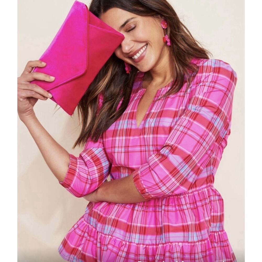 Vineyard Vines x Tuckernuck Pink Tartan Taffeta Tiered Party Plaid Tiered Top L